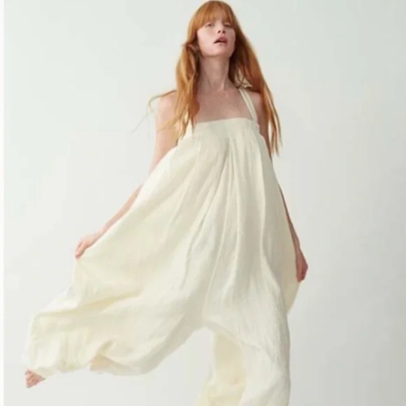 Nwot black crane cream wide leg jumpsuit womens sz.S 100% linen made in USA - Picture 1 of 7